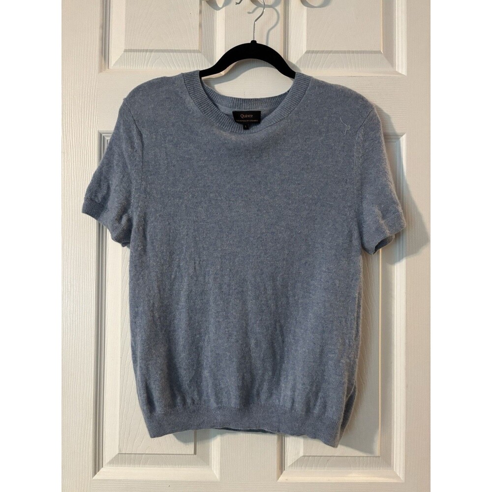 Quince L Large 100% Cashmere Light Blue Short Sleeve Sweater Tee Blouse